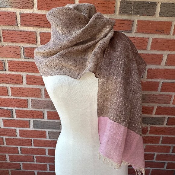Paul Smith Long Linen Scarf Cafe Brown w Soft Pink - 72” x 14” - Picture 2 of 6